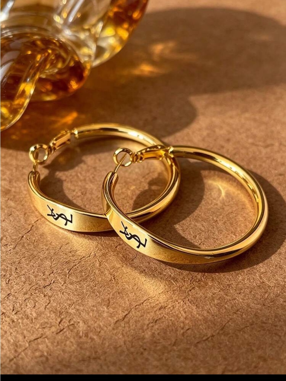 Yves Saint Laurent Gold Hoop Earrings with Black YSL Logo